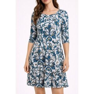 PERUVIAN CONNECTION 100% Cotton Acanthe Leaves Dress Blue/White Women Size Small